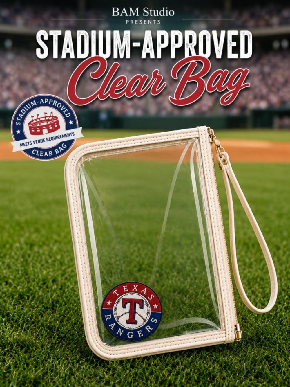 Texas Rangers Clear Stadium Approved Wristlet Bag Cream Trim Game Day Pouch